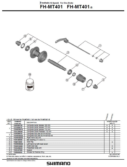 SHIMANO | Núcleo FH-MT401-410 Y3HU98020