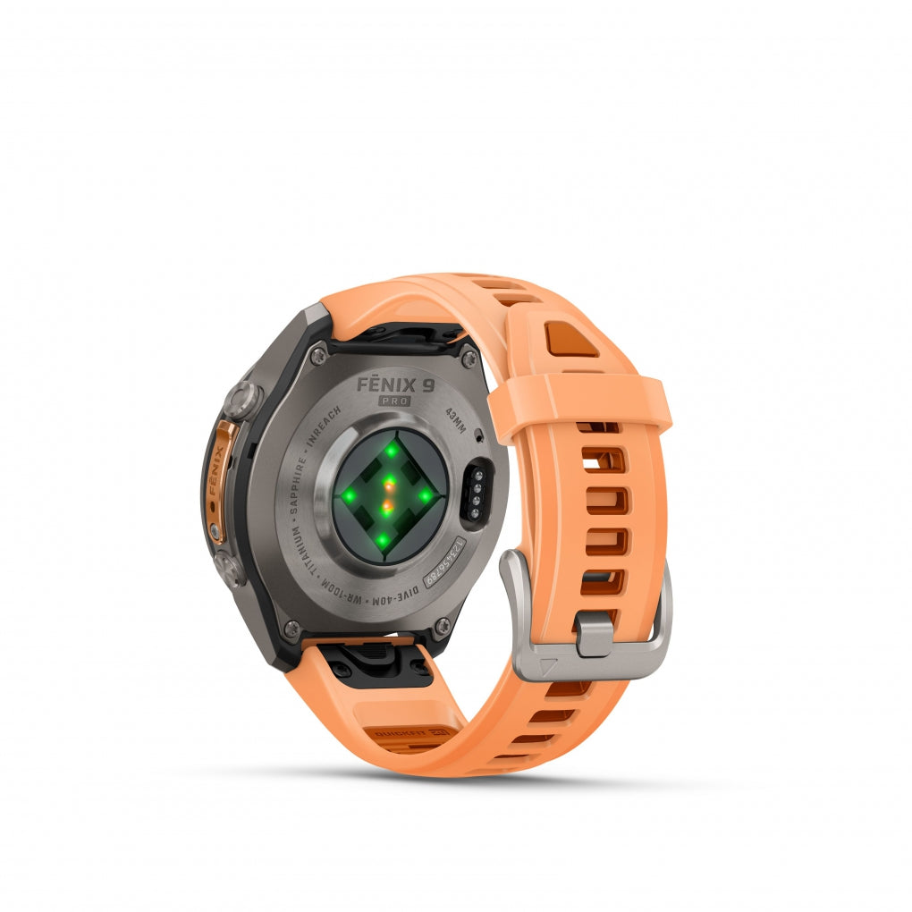 GARMIN |  Fenix 9 Pro_inReach 43mm Amoled Titanio correa de silicona -salmón naranja