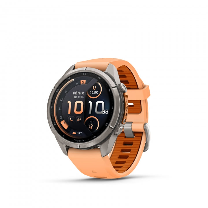 GARMIN |  Fenix 9 Pro_inReach 43mm Amoled Titanio correa de silicona -salmón naranja