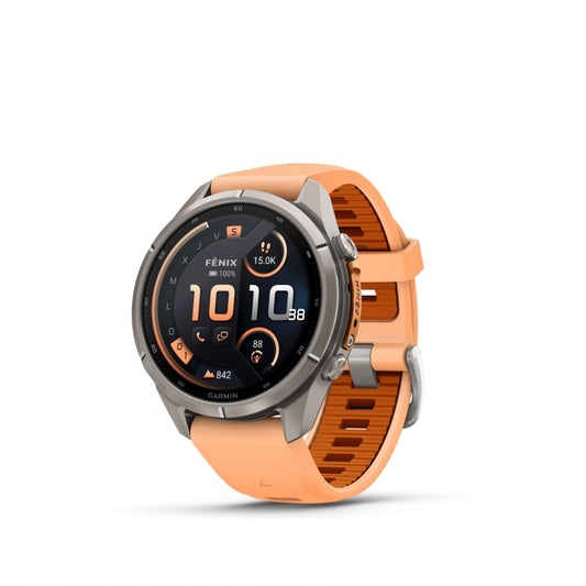 GARMIN |  Fenix 9 Pro_inReach 43mm Amoled Titanio correa de silicona -salmón naranja